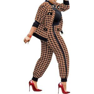 2Piece WorkSuits for Women's Houndstooth Print Buttons OpenFront LongSleeve Coat
